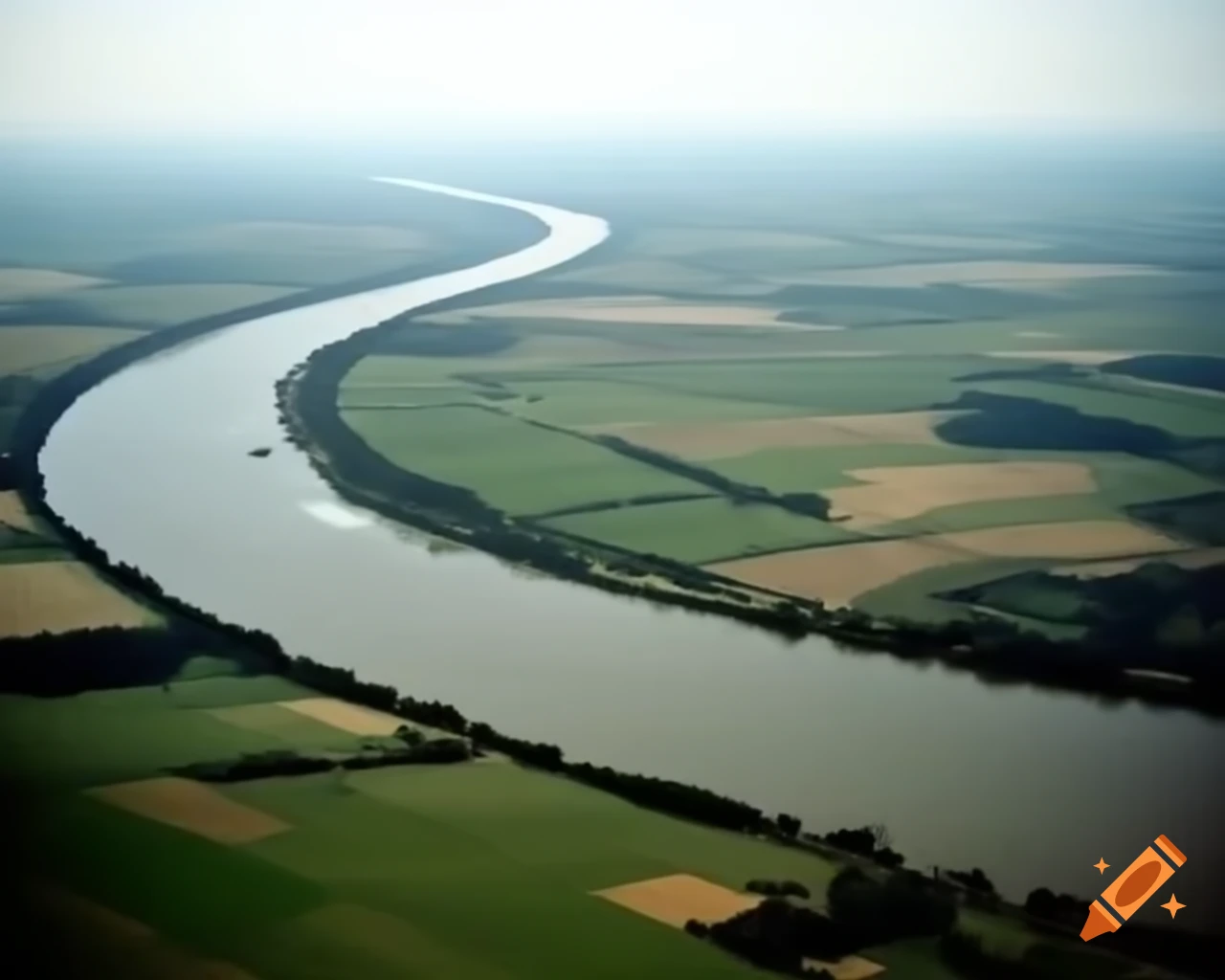 River Rhine with high dikes in rural landscape with water nearing dike top