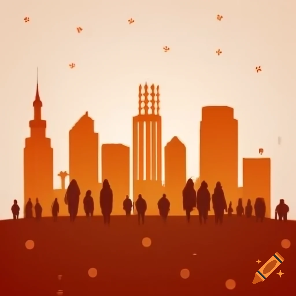 Village skyline silhouette in autumn featuring people