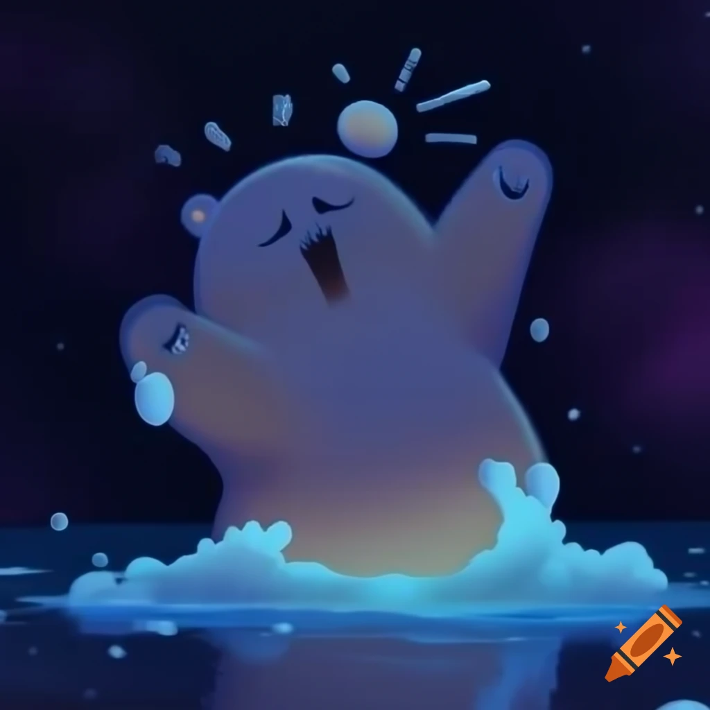 Gummy Bear singing in cosmic amphitheater with eerie atmosphere