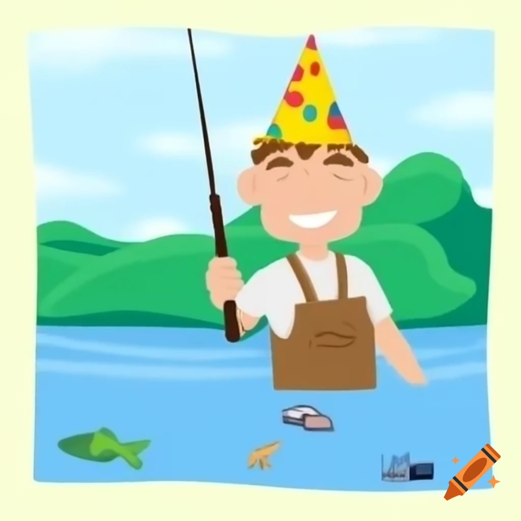 Happy fisherman in birthday hat fishing by river on craiyon