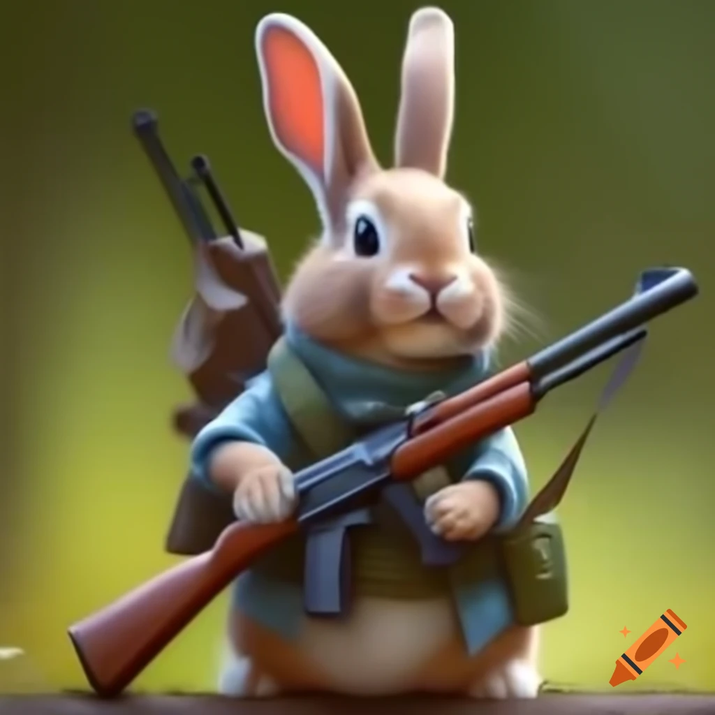 Rabbit holding a rifle, whimsical or cartoon style