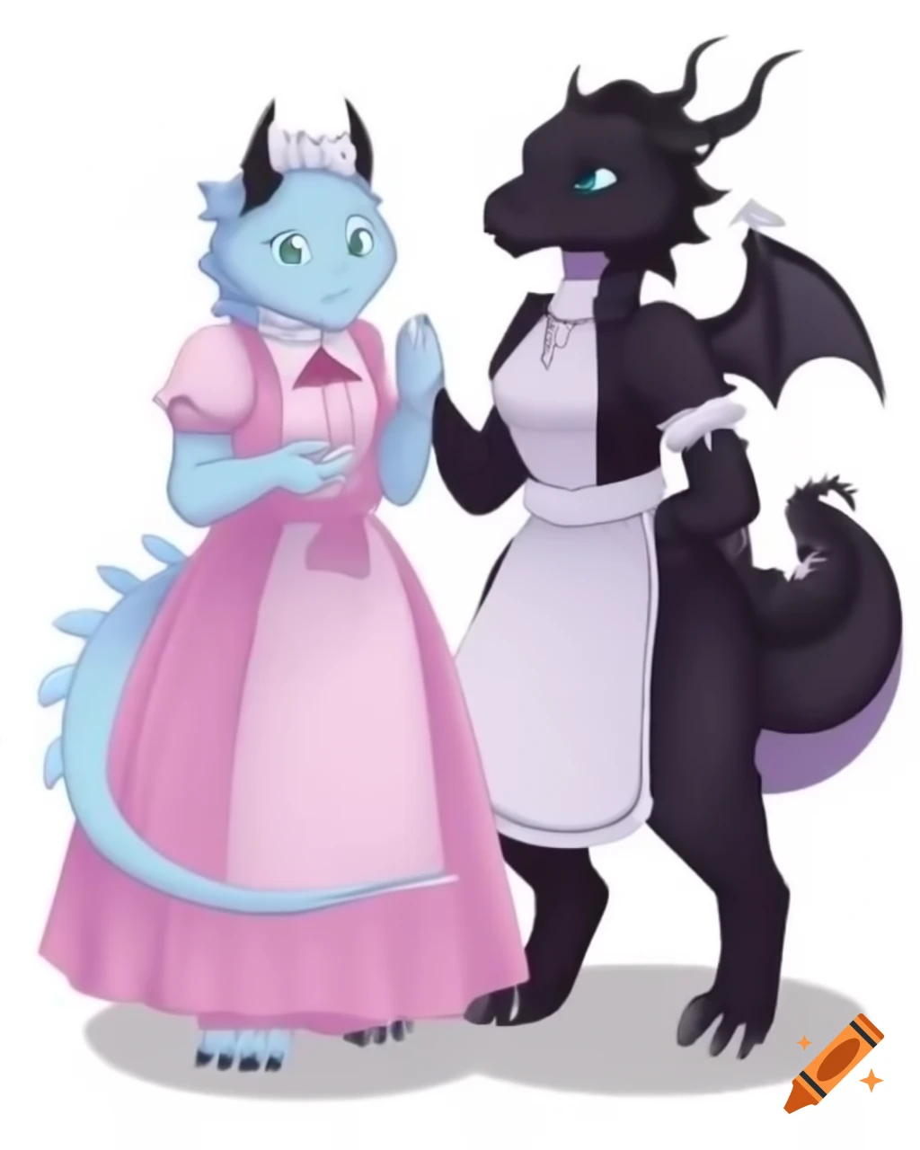 Anthropomorphic white dragoness in pink dress and maid outfit holding black dragon