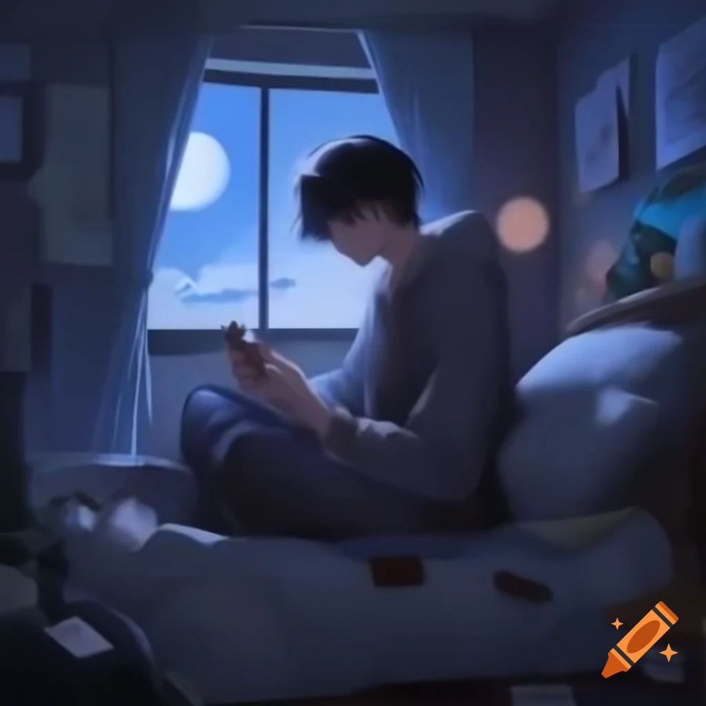 Anime man with dark hair playing PC games in cozy room with moonlight