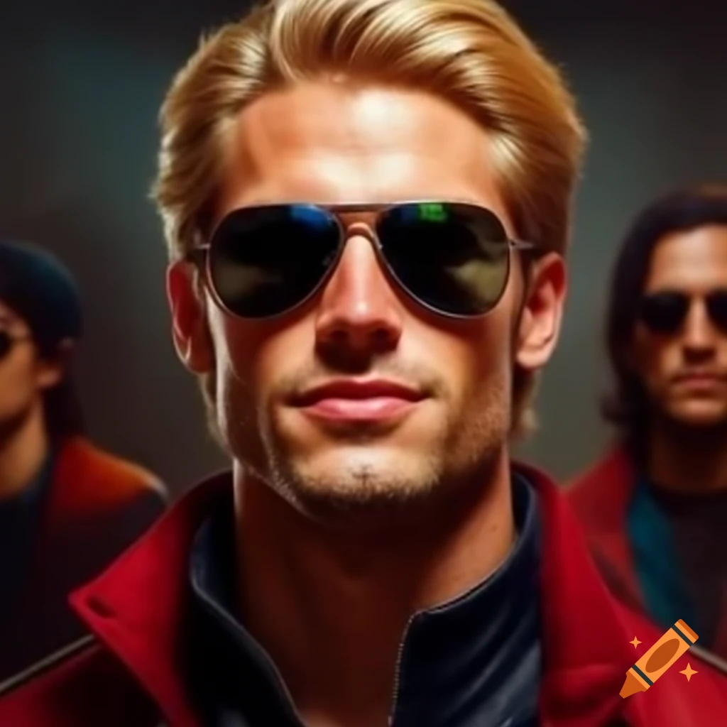 Cool blonde man with sunglasses and red members-only jacket