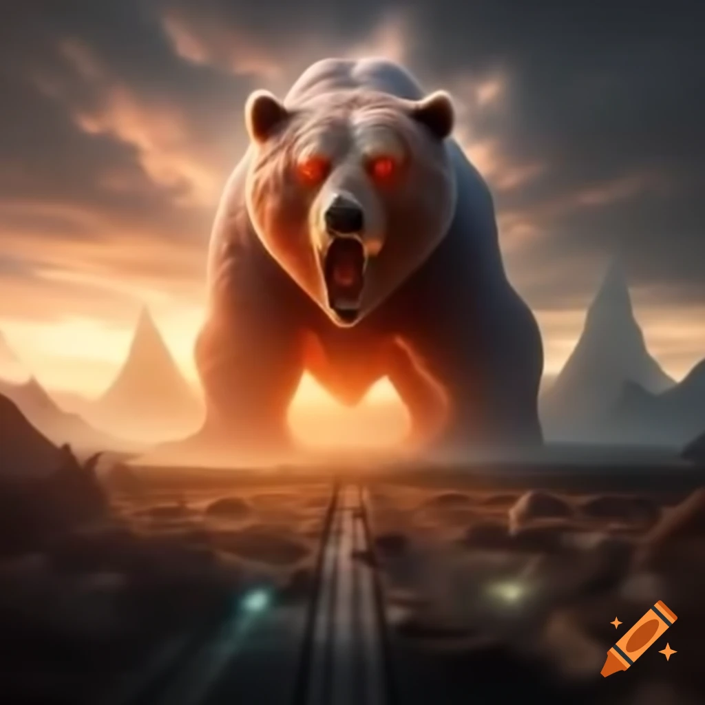 Surreal scene of expanding colossal Gummy Bear in apocalyptic setting
