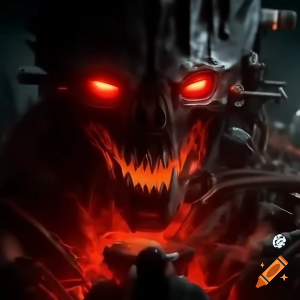 Apocalyptic scene with mechanical elements, red embers, and jagged design