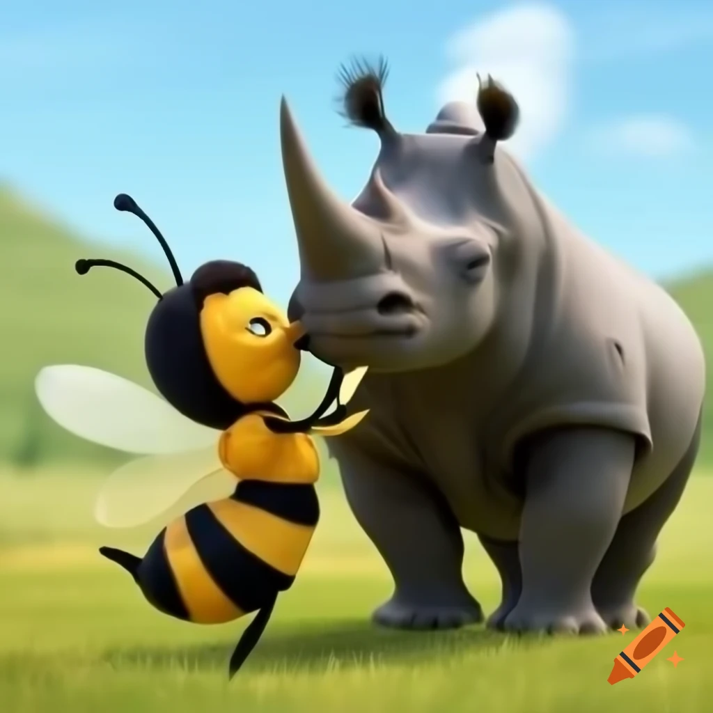Anime bee and rhino in a field sharing a moment