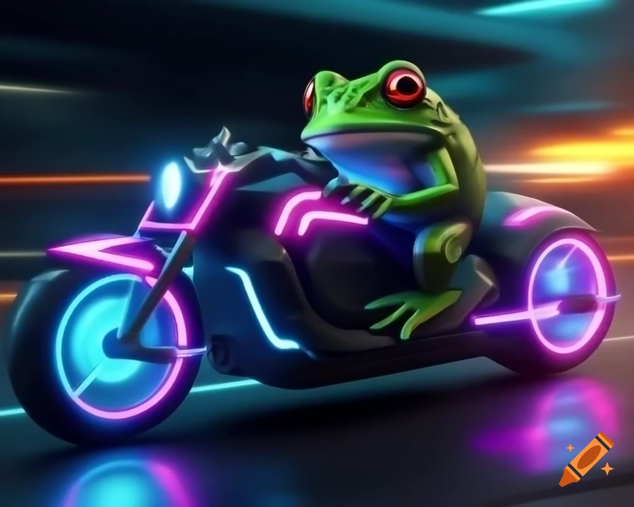 Anthropomorphic frog in cyberpunk suit riding glowing Tron motorbike at high speed