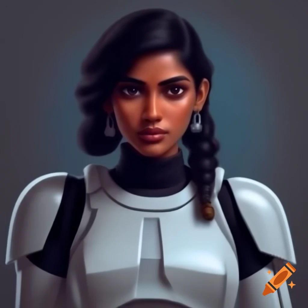 Female indian stormtrooper character design on craiyon