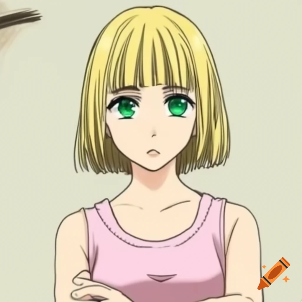 Anime girl with blonde hair and dark emerald green eyes in light pink t-shirt with arms crossed