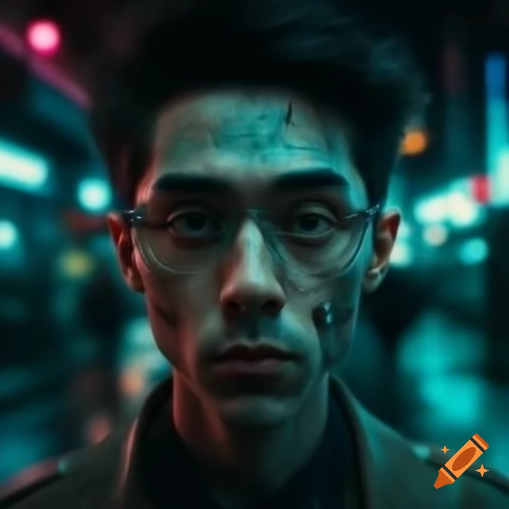 Digitally glitched face of a quirky nerdy man in vaporwave style