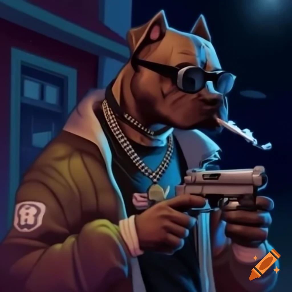 Dog in cool jacket and sunglasses, relaxing on street corner at night