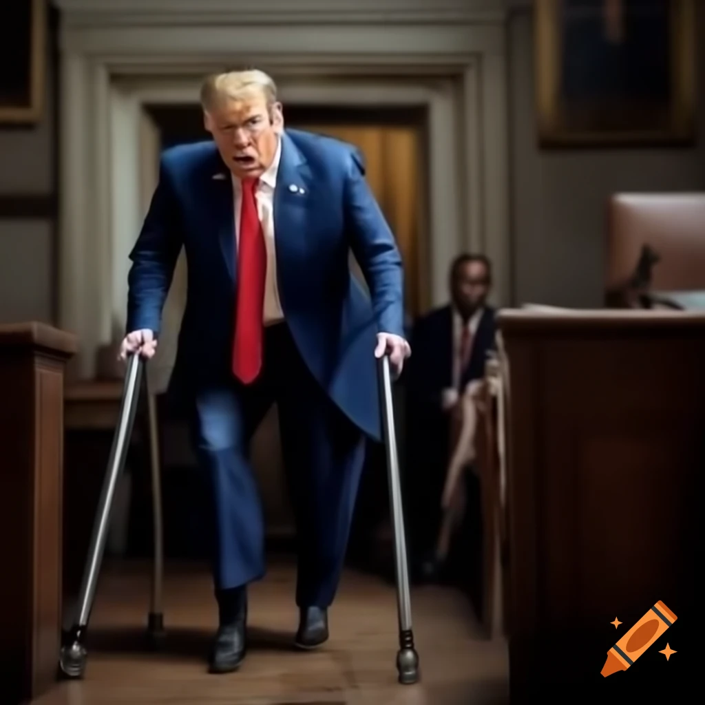 Satirical depiction of a frail character resembling Donald Trump in a courtroom setting