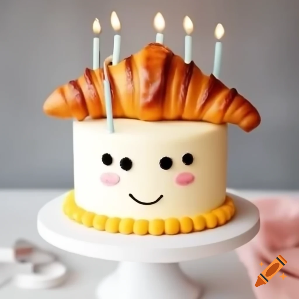 Birthday cake adorned with smiling croissant and candles, blank space for text on the right