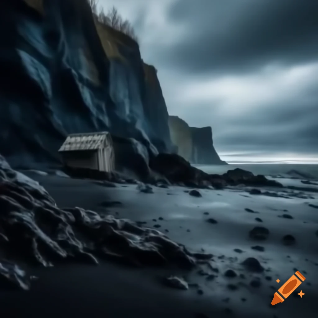 Dark strand cliffs featuring an old broken hut