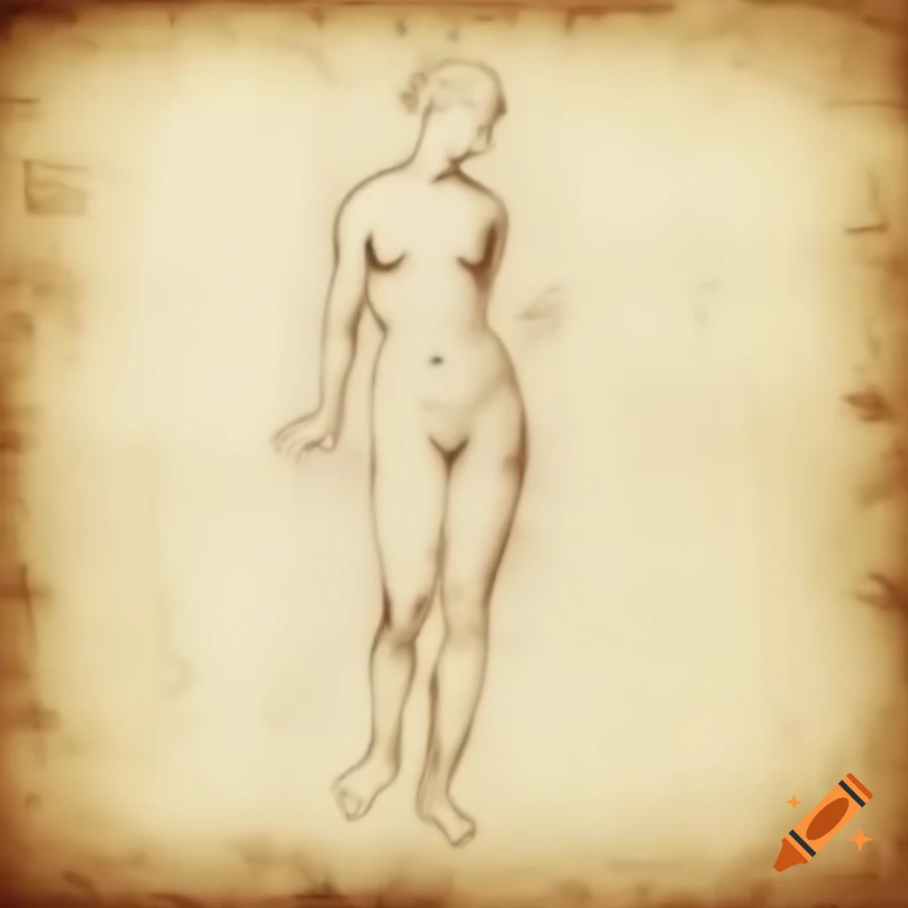 Pencil sketch of a human body in Da Vinci style on aged paper