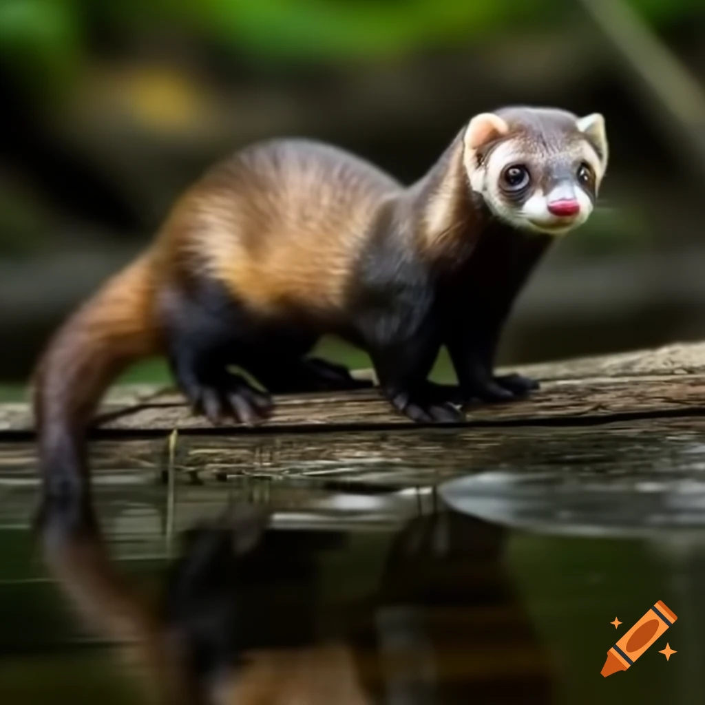 Black-footed ferret resting on log by forest river
