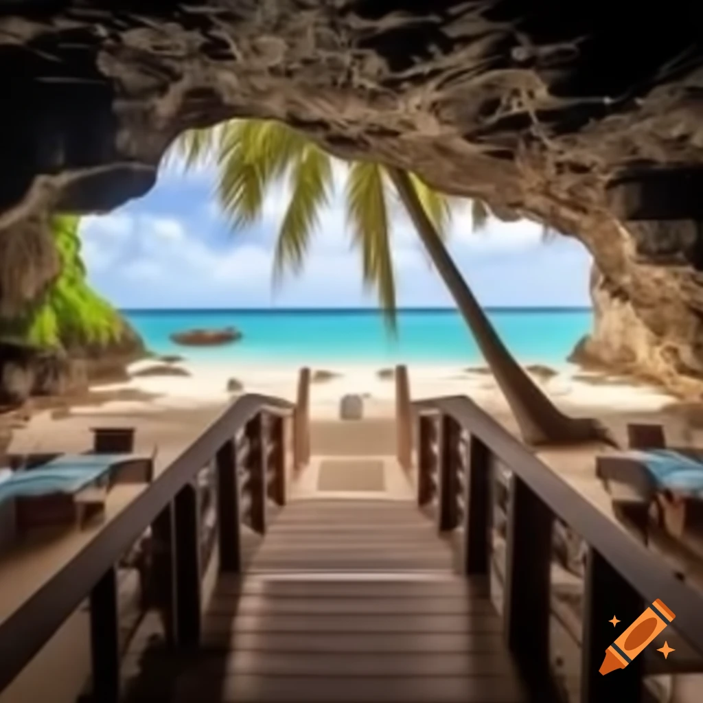 Rock cave with wooden stairwell leading to beach, luxury chairs and palm trees