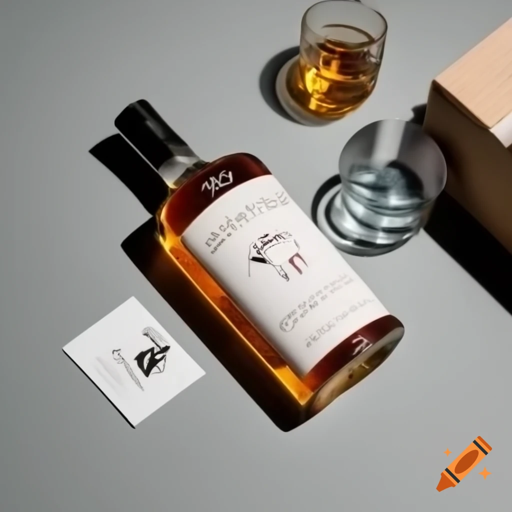 Gift box with whiskey and handwritten postcard on monochrome background
