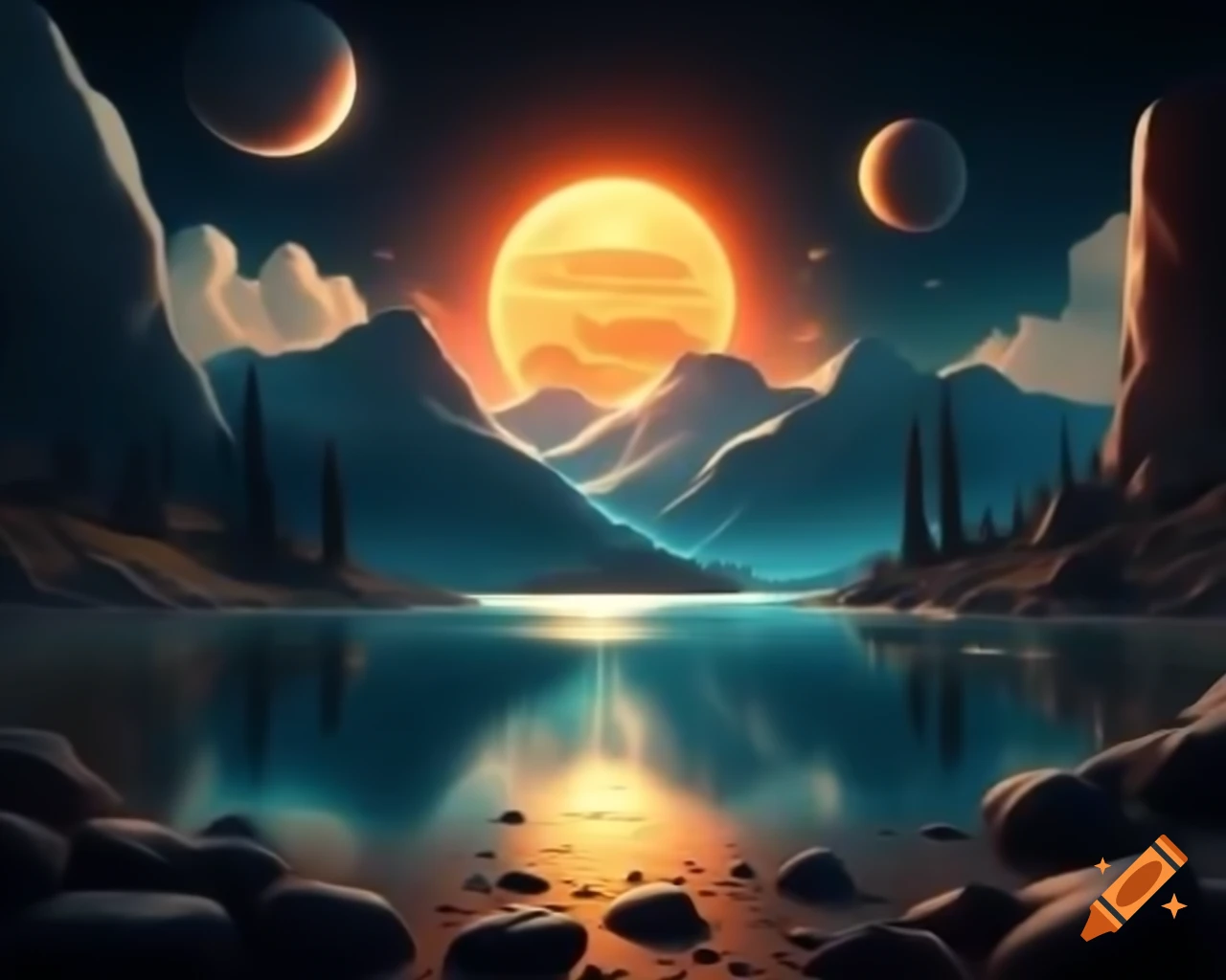 Sunset over mountain lake in photorealistic 3D render with beams of light