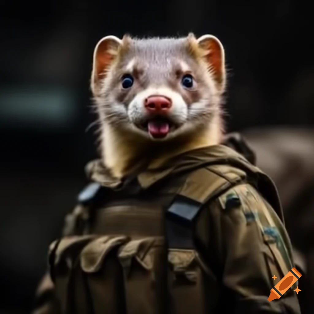 European weasel wearing Ukrainian tactical military uniform and laughing