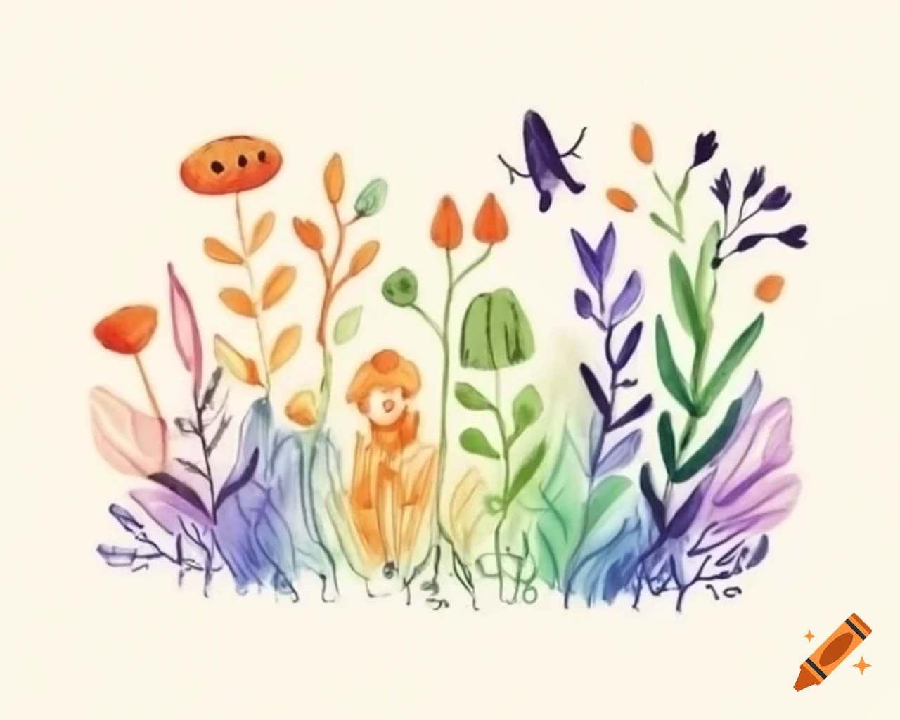Watercolor Halloween patch of vegetation in rainbow shades, storybook style