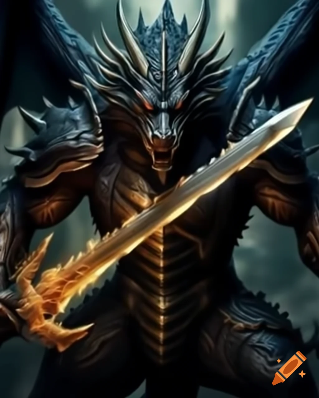 Armored black dragon in attacking pose wielding golden blade
