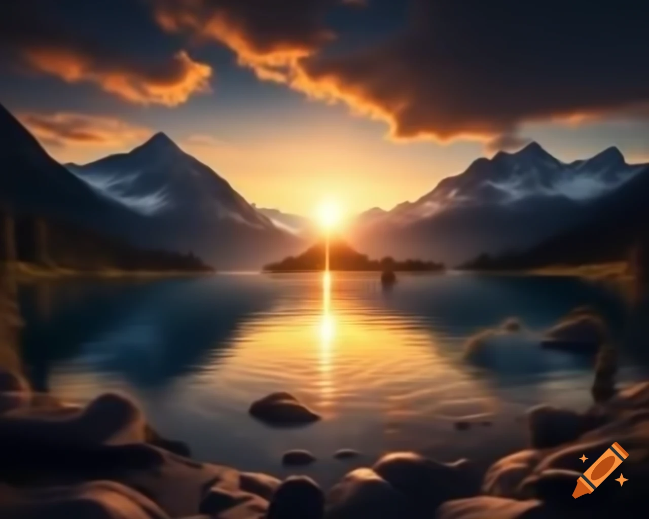 Photorealistic 3D render of mountain lake at sunset with sun rays and island