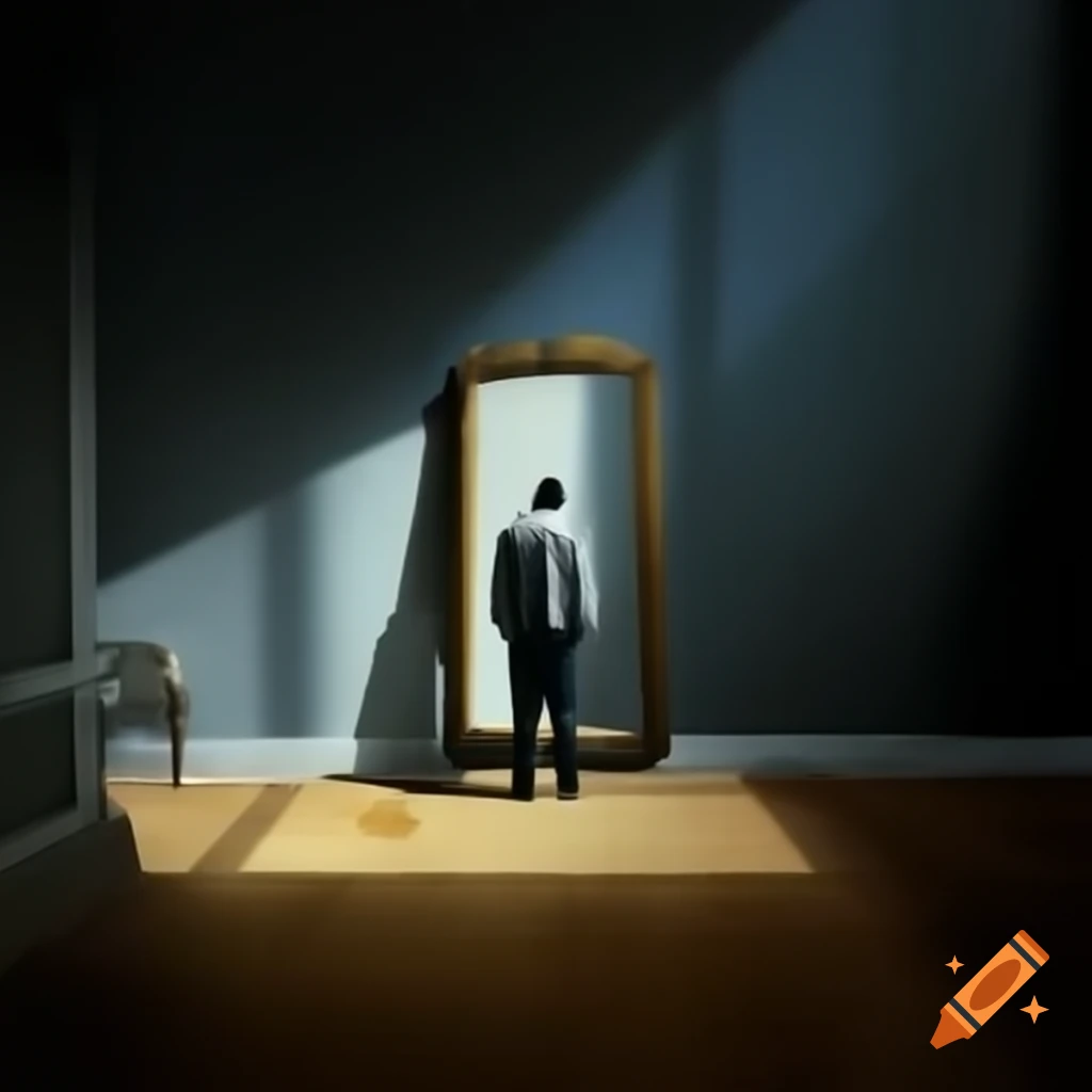 Man standing in front of antique mirror in dimly lit room