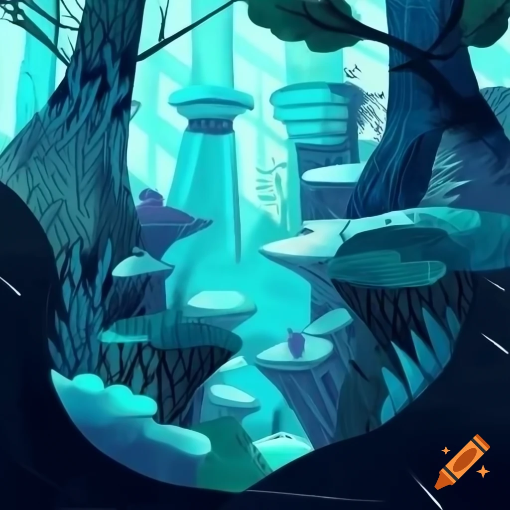 Eerie village surrounded by dense forests under a cloudy night sky on