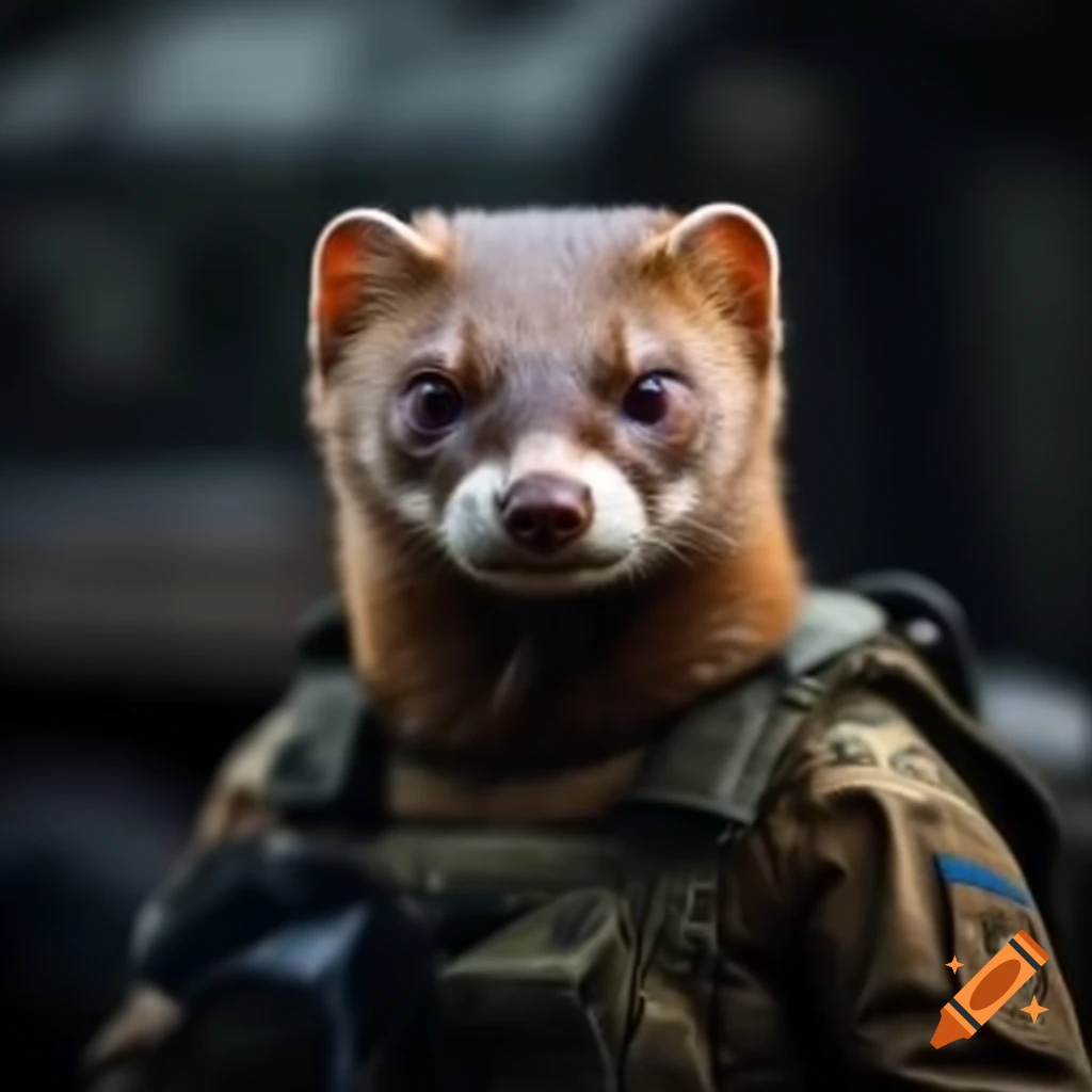European weasel wearing Ukrainian tactical military uniform