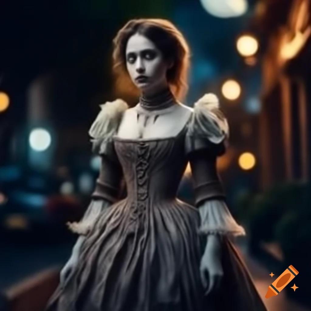 Victorian female ghost in evening dress walking in Copacabana under full moon