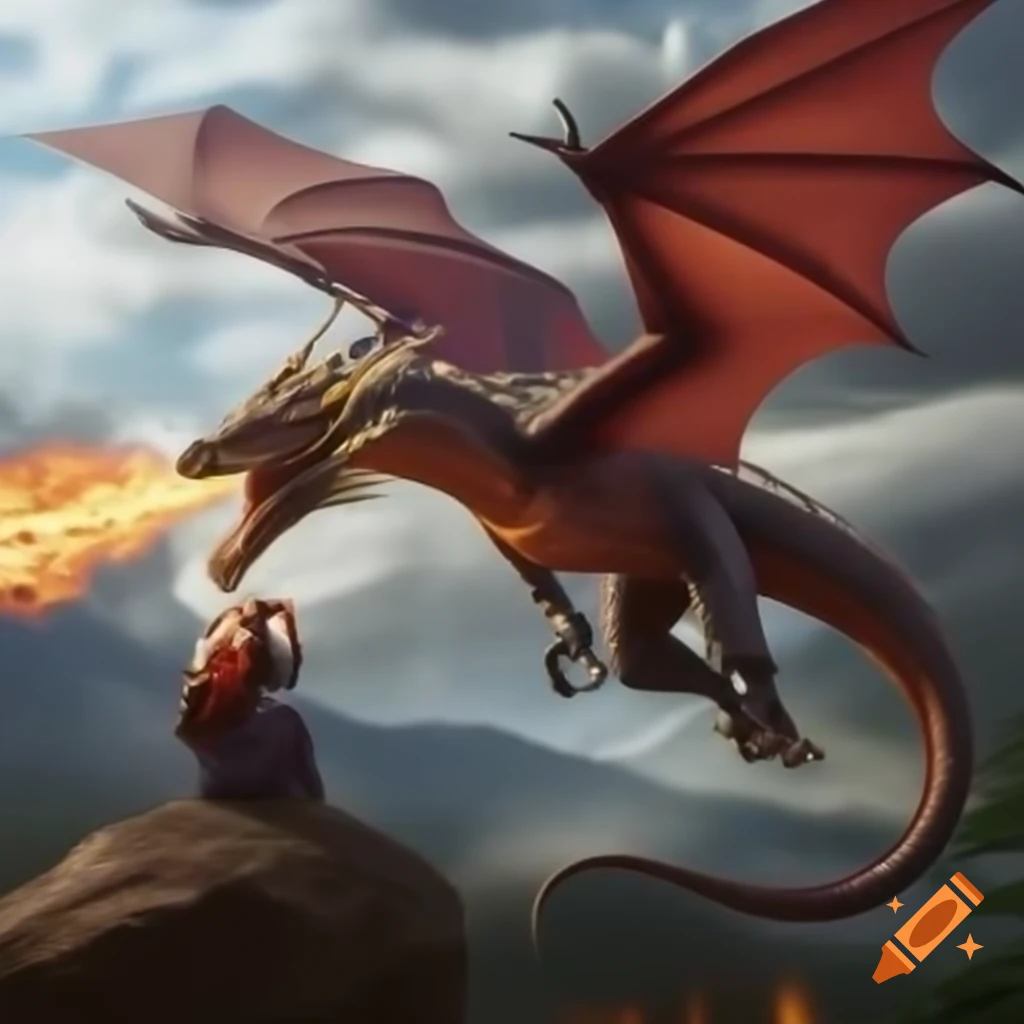 Dragon mother attacking and breathing fire towards the camera in full view