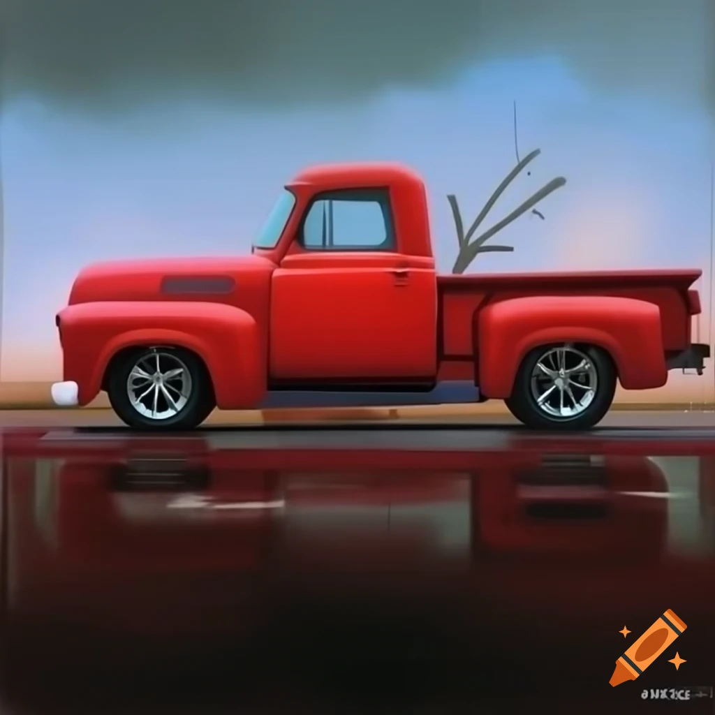 Old red pickup truck in Norman Rockwell painting style with Christmas theme