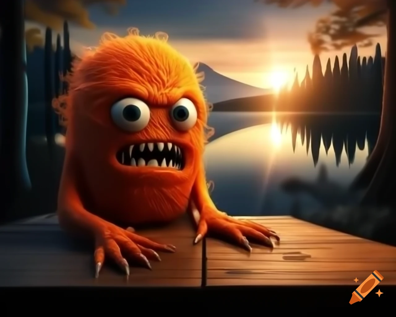 Photorealistic orange monster with human face sitting on wooden table in forest