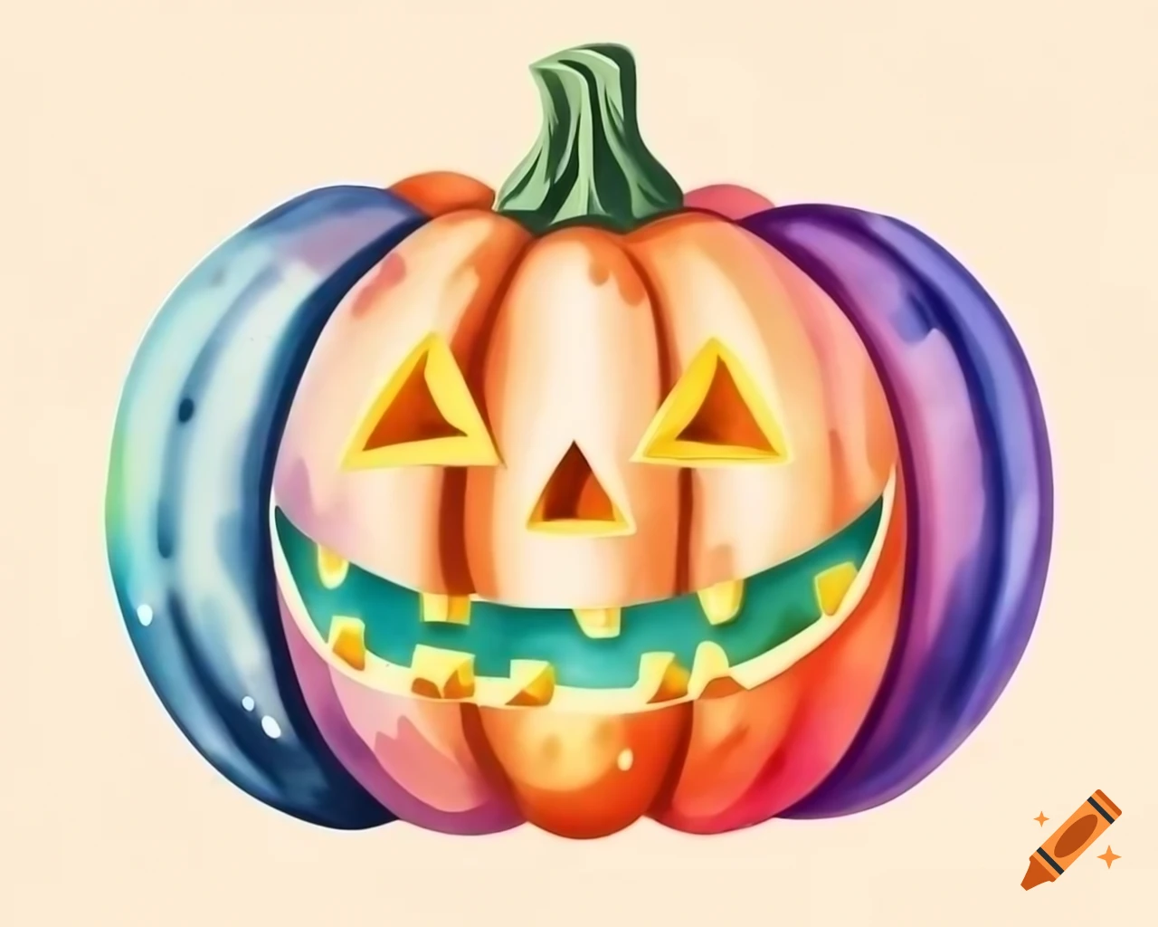Watercolor Halloween pumpkin in rainbow colors, storybook style