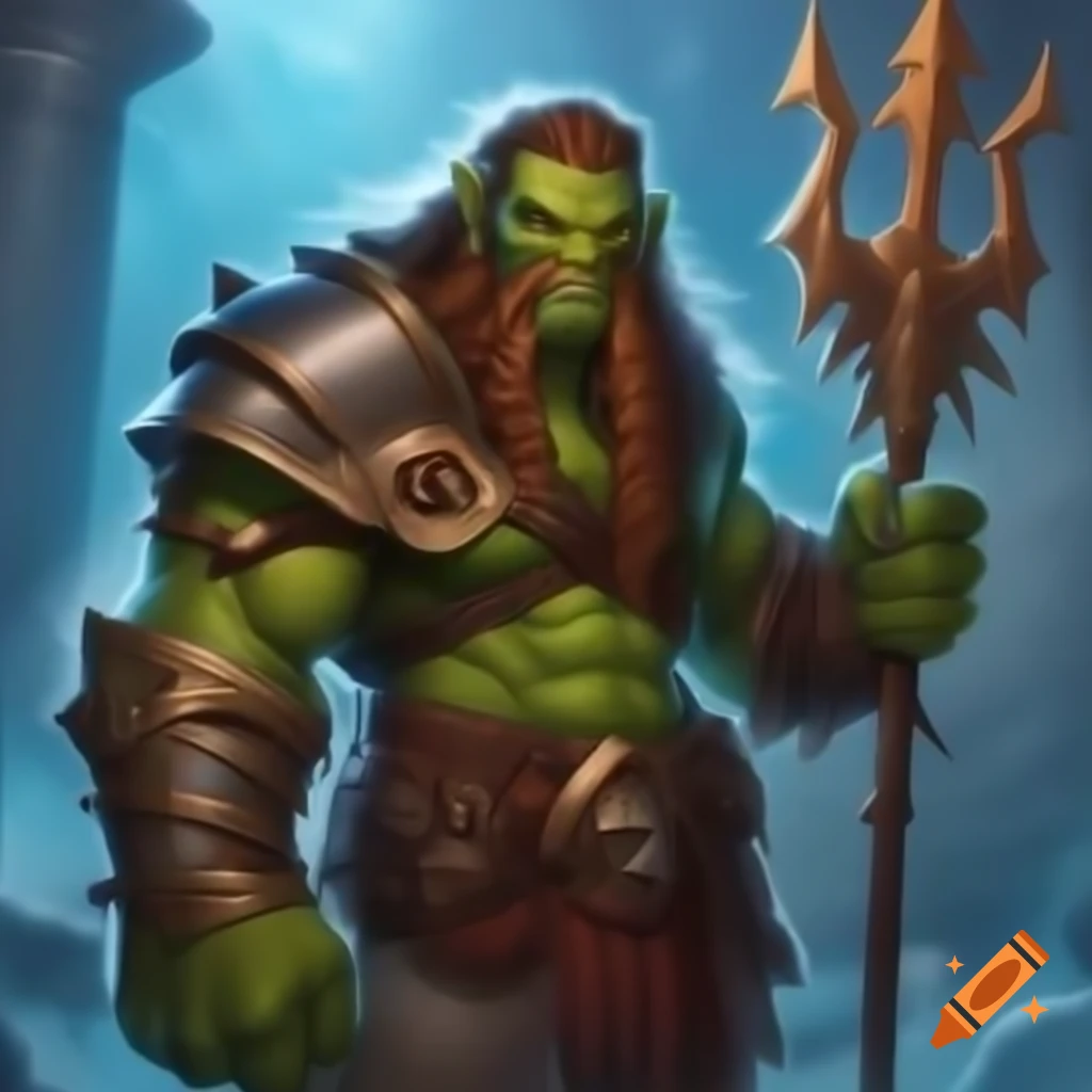 Half-orc Poseidon paladin wielding trident
