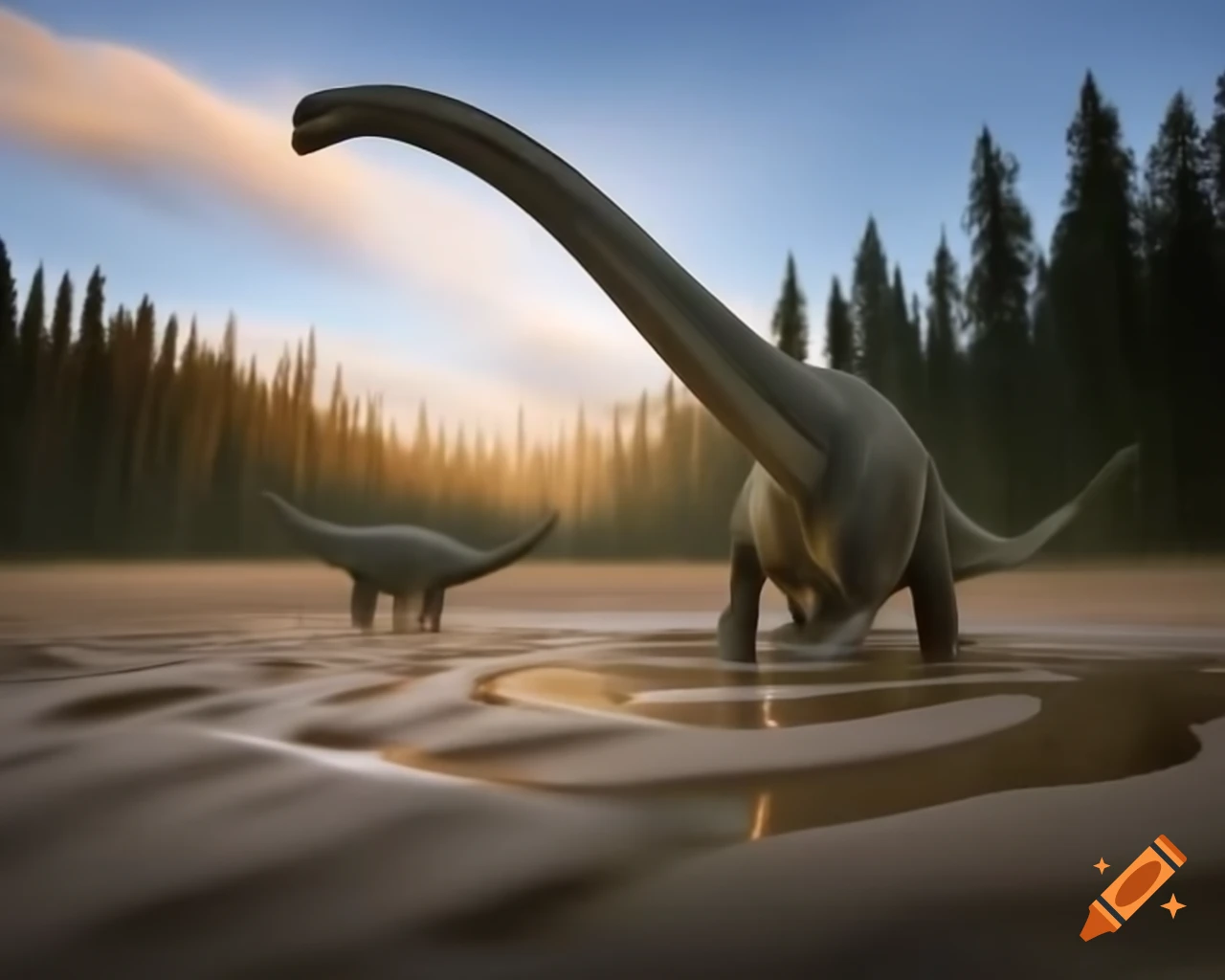 Two Stegosaurus in mudflat with a Diplodocus in the background