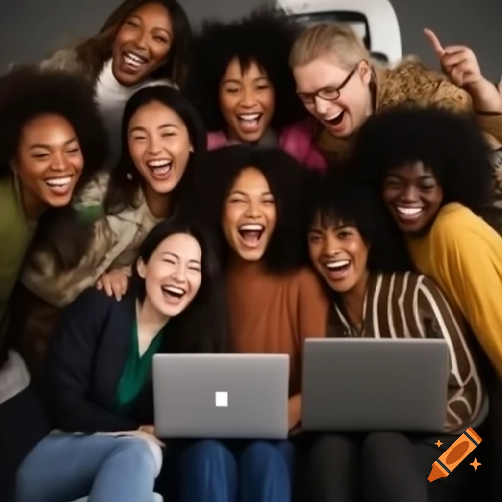 Diverse group of people with laptops in futurist style