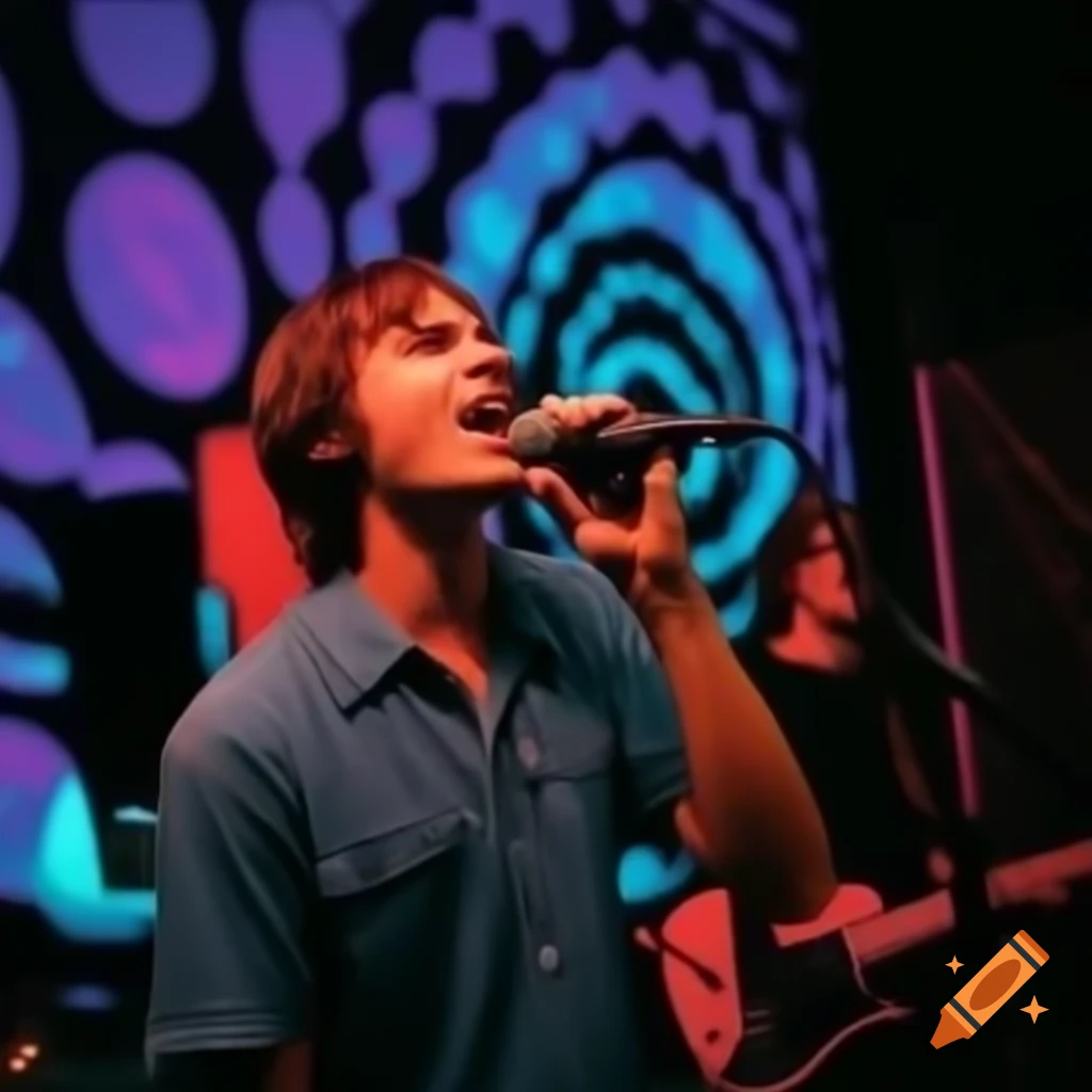 Brown-haired man singing on stage with band and trippy background