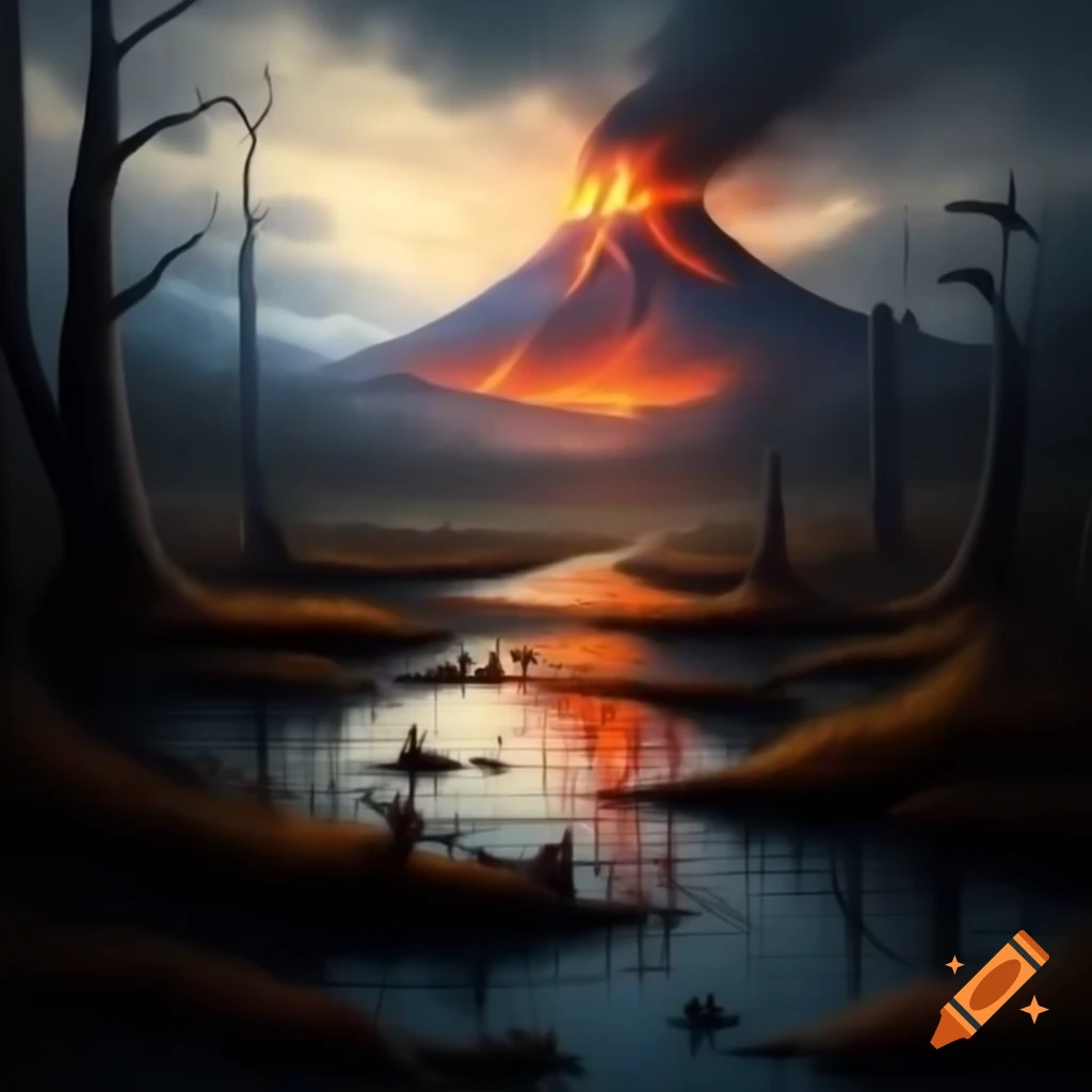 Gloomy swamp with active volcano in background, oil painting