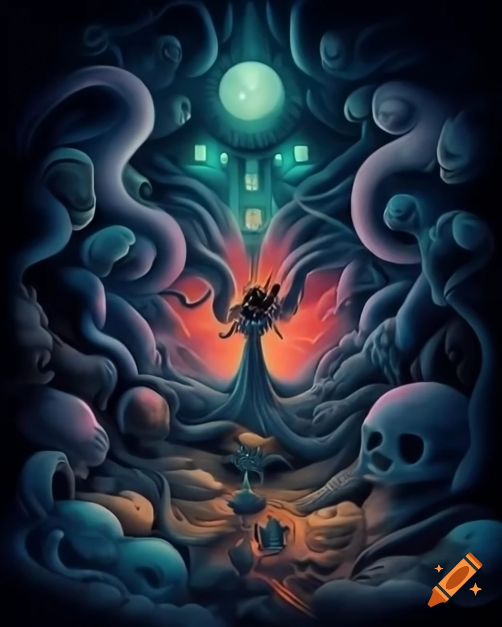 Surreal fantasy illustration in strange style by Greg Rutkowski