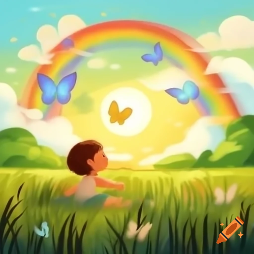 Child Observing Butterflies In Grass Field With Rainbows And Sun On Craiyon child-observing-butterflies-in-grass-field-with-rainbows-and-sun-on-craiyon