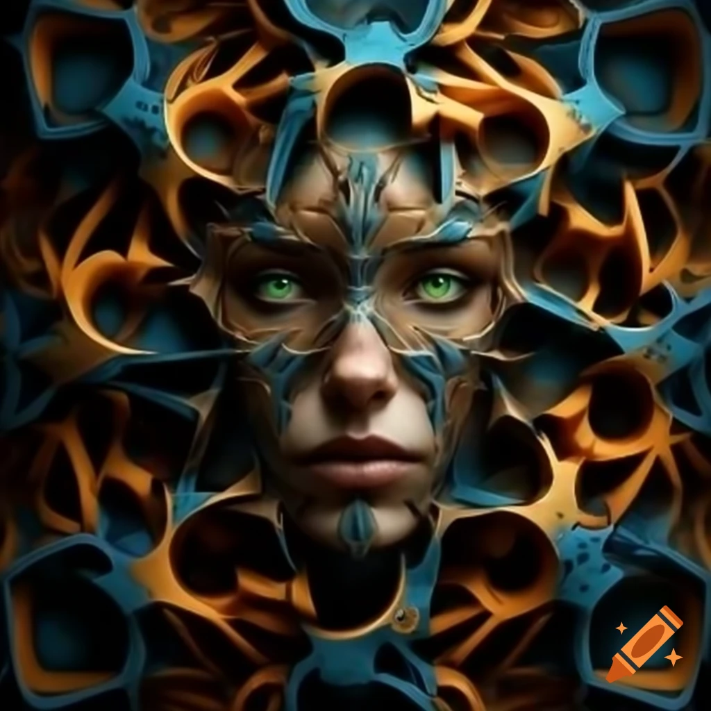 Fractal face in Escher style with intricate patterns