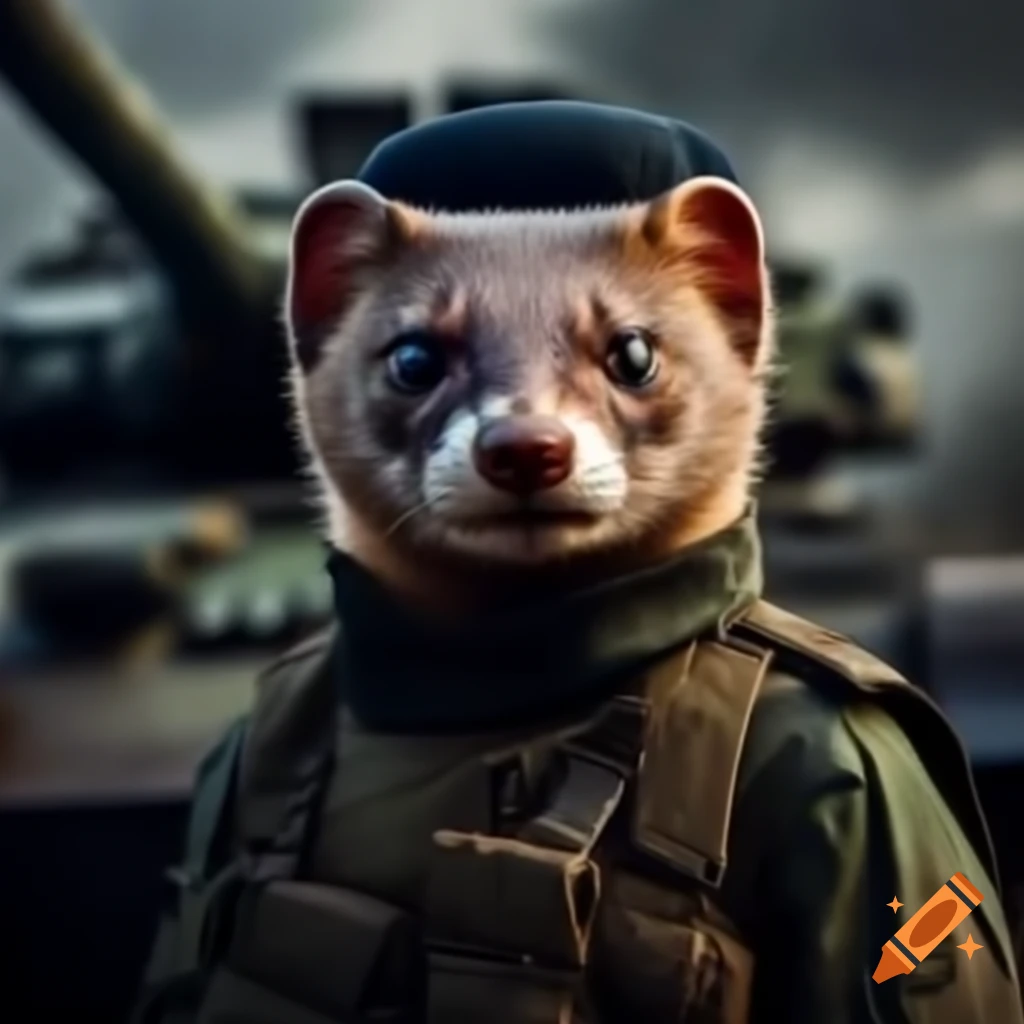 Angry European weasel in tactical military uniform commanding a T72 tank