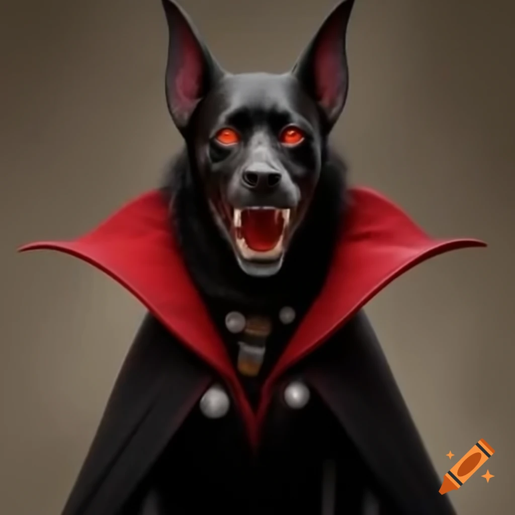 Caricature of dog Dracula in black cape with pointy teeth and red liquid