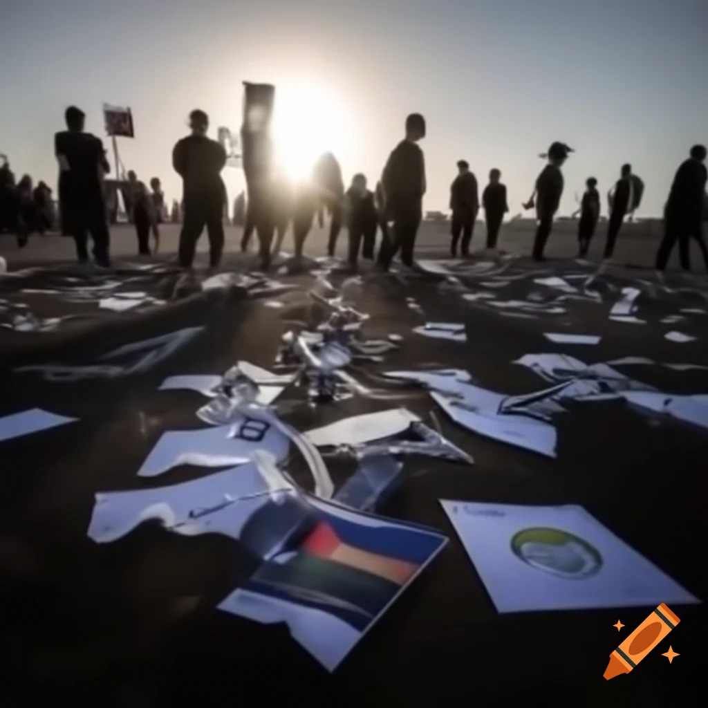 Somber scene of divided nation with broken signs, contemplative person gazing at sunset