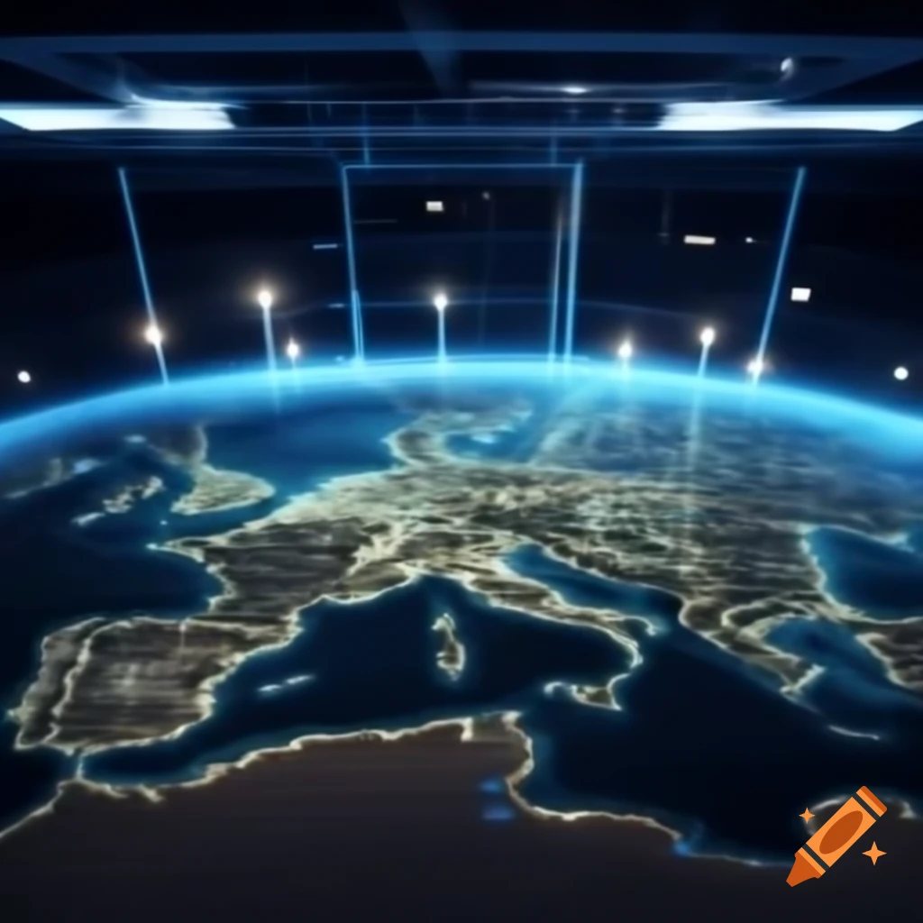 Hyper realistic macro view of digital map of the internet on sand table with industrial lighting