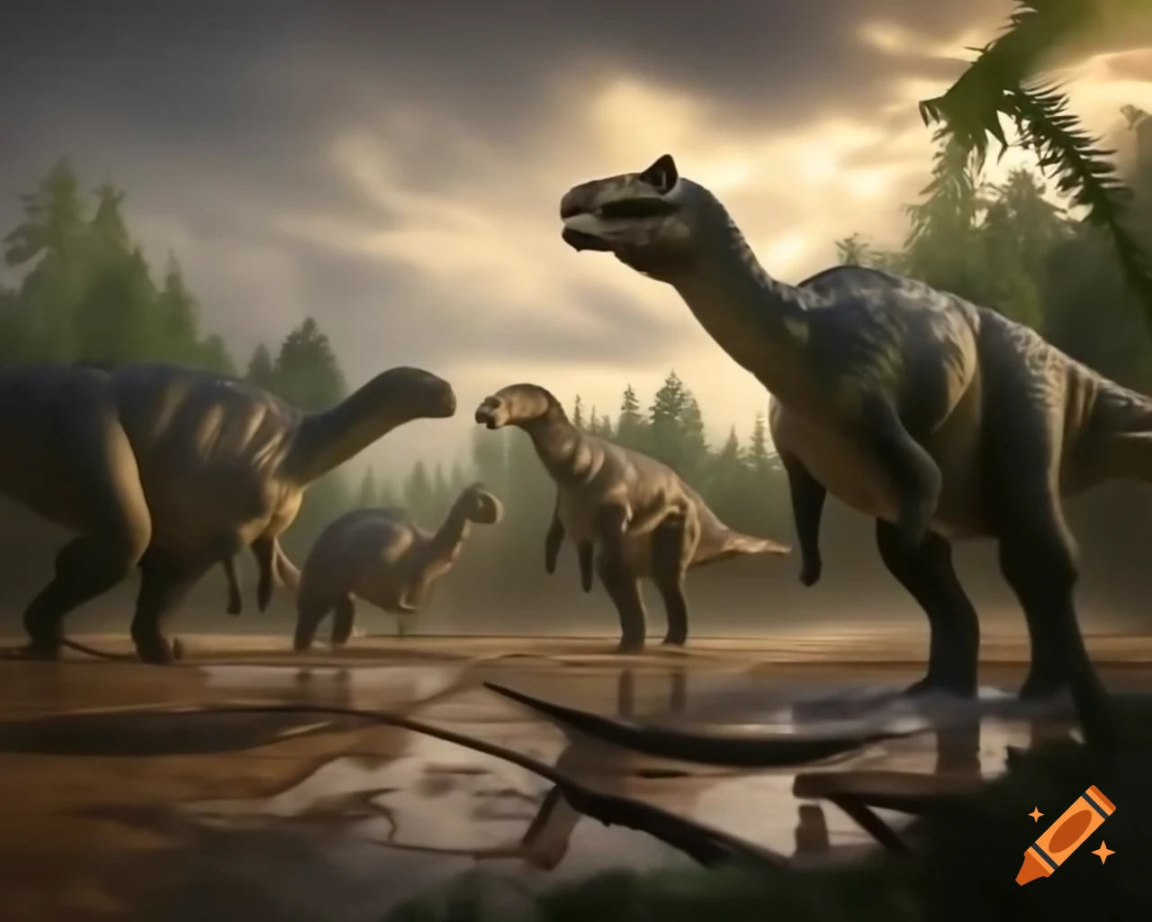 Striped Hadrosaurus on mudflat with ferns and driftwood in British Columbia