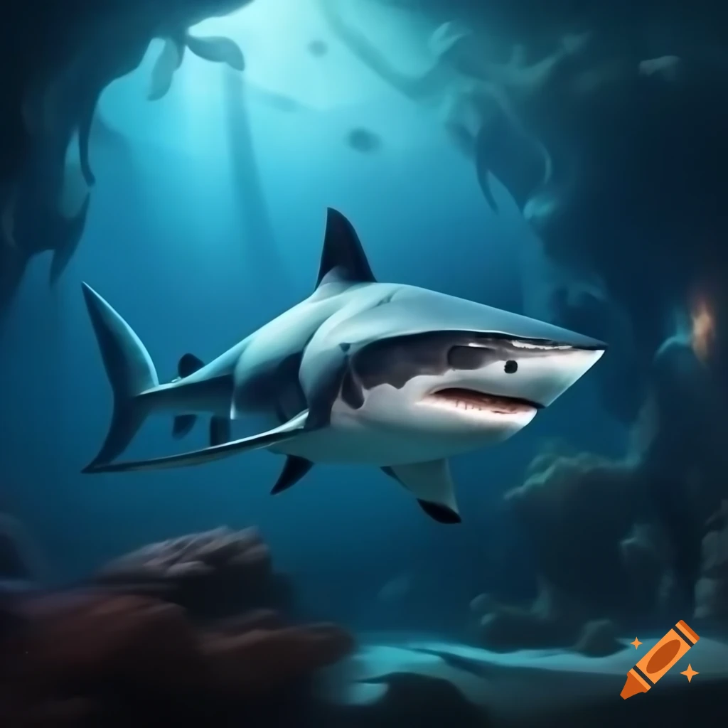 Hunter shark in underwater cavern reef, ultra-realistic fantasy art